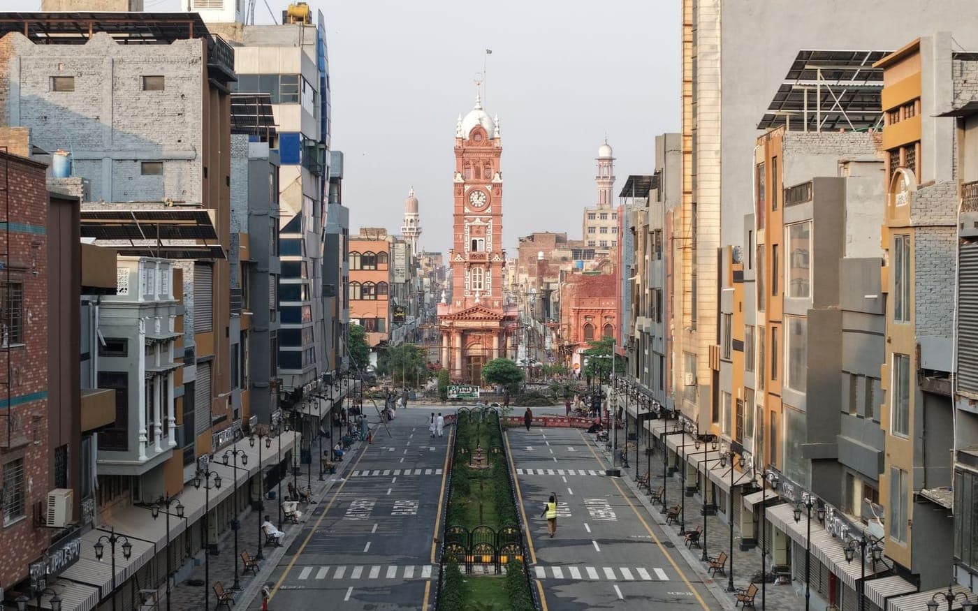 the Clock Tower, Ghanta Ghar, seen down the bazaar in Faisalabad, Pakistan